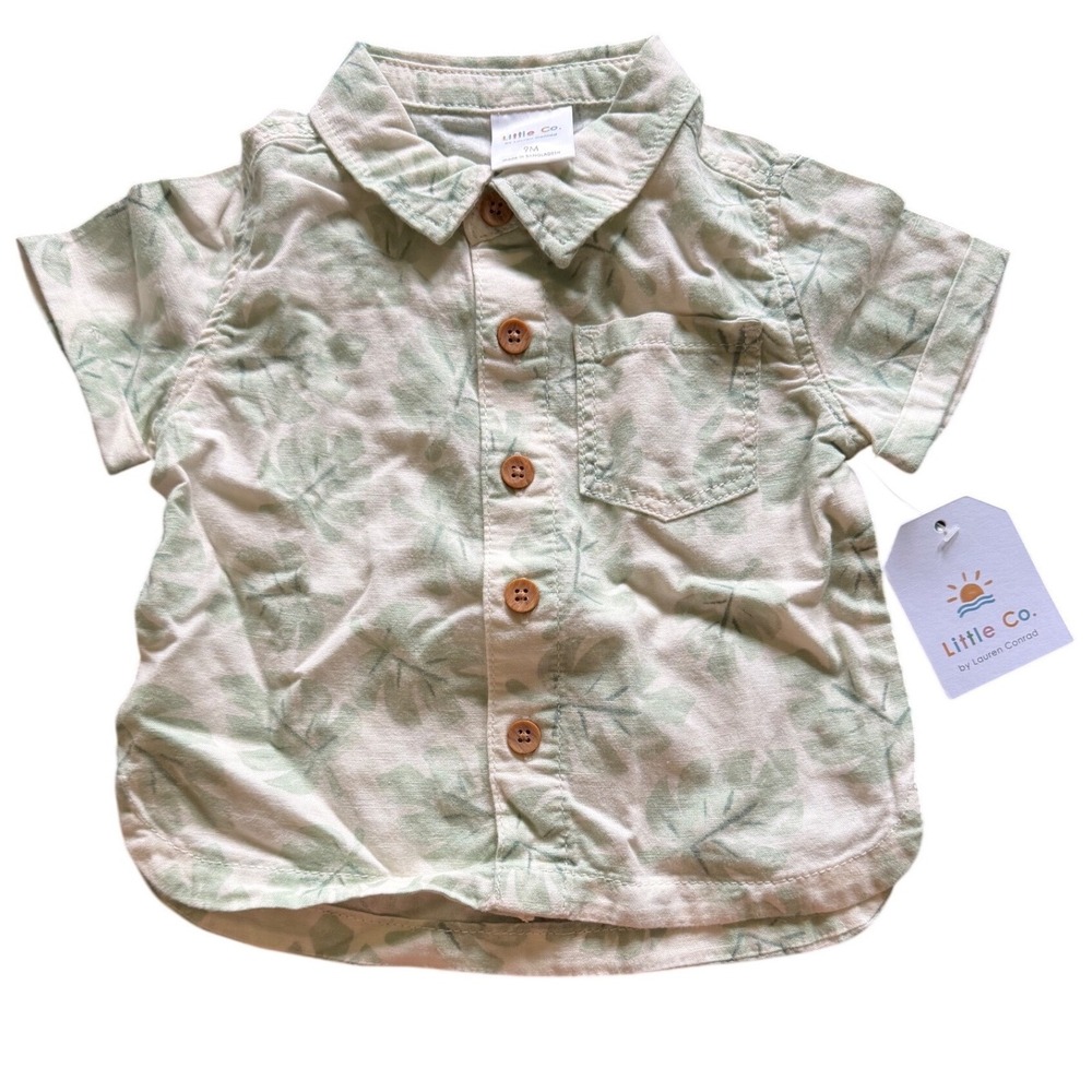 Little Co 9M Green Tropical Leaf Vacation Short Sleeve Linen Blend Button Down